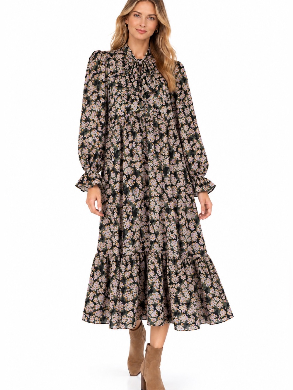 Never Fully Dressed Floral Tie Neck Tiered Loose Fit Midi Maxi Dress Size 4